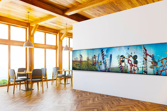 Overlapping multiple exposure shot on film of farm equipment silhouetted in sky