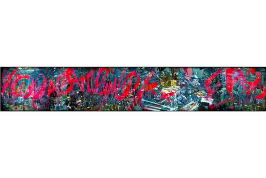 Overlapping multiple exposure shot on film of art installation appearing to be graffiti