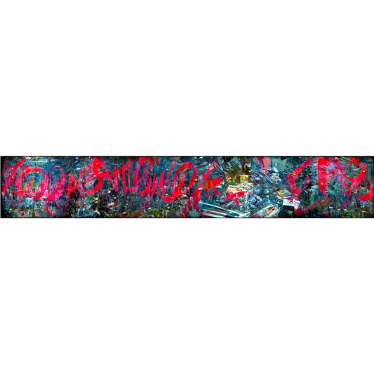 Graffiti artwork by Susan Bowen. Features abstract panoramic photograph merging storefront lettering, reflections, and urban surfaces into a bold, graffiti-like multi-exposure composition.