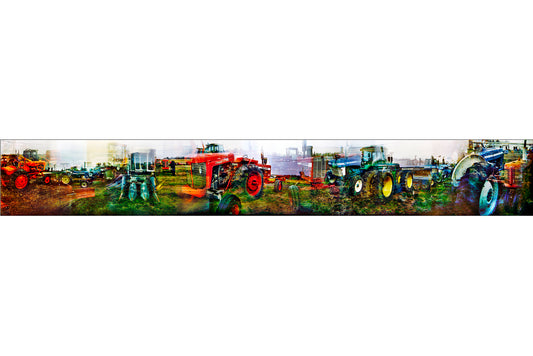 Overlapping multiple exposure shot on film of tractors