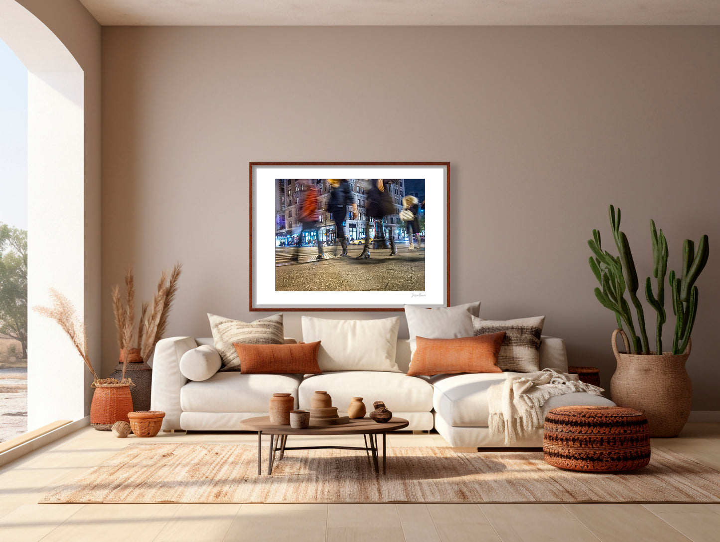 Photograph of 4 blurry people walking at night in New York City with low perspective
