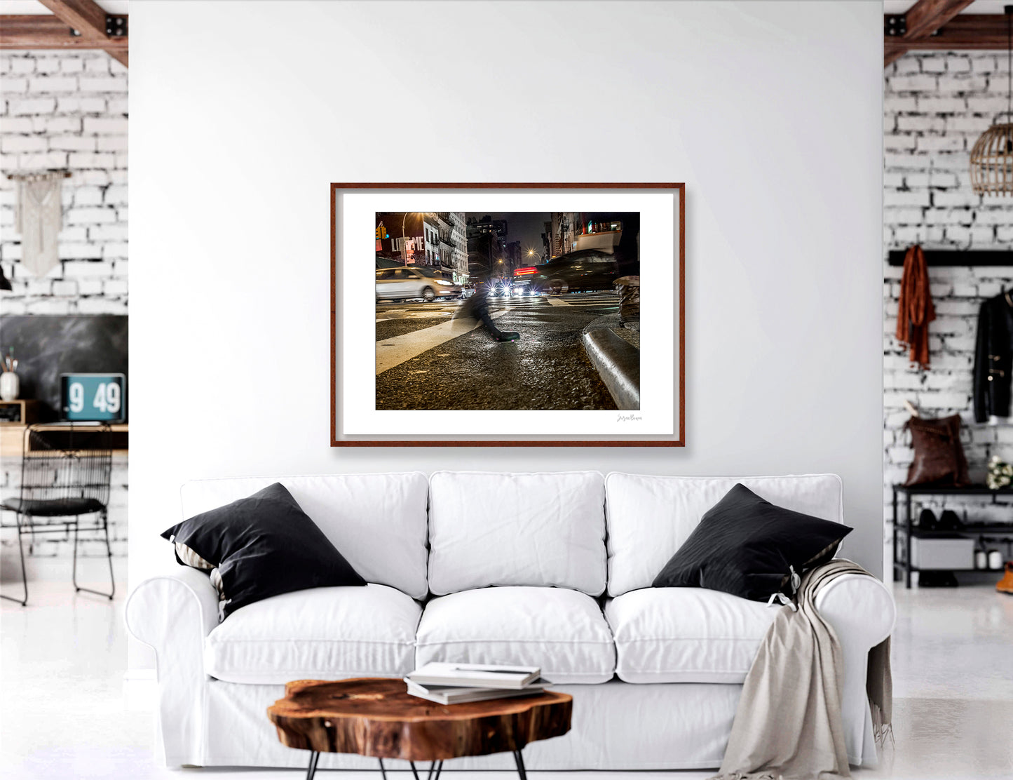 Photograph of a blurred foot crossing wet pavement in Chinatown at night in New York City with low perspective