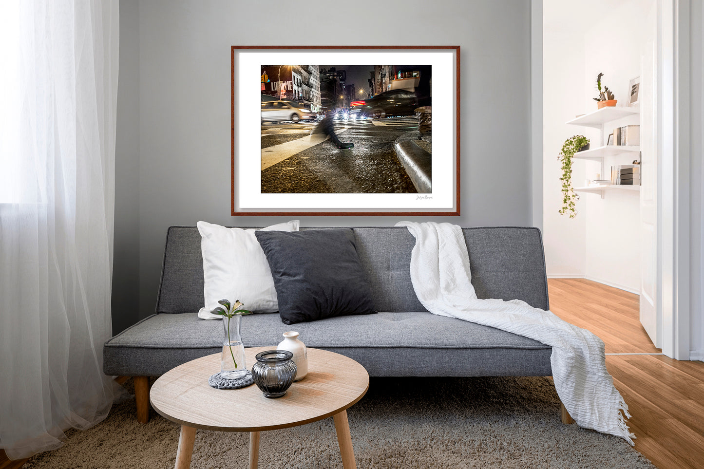 Photograph of a blurred foot crossing wet pavement in Chinatown at night in New York City with low perspective