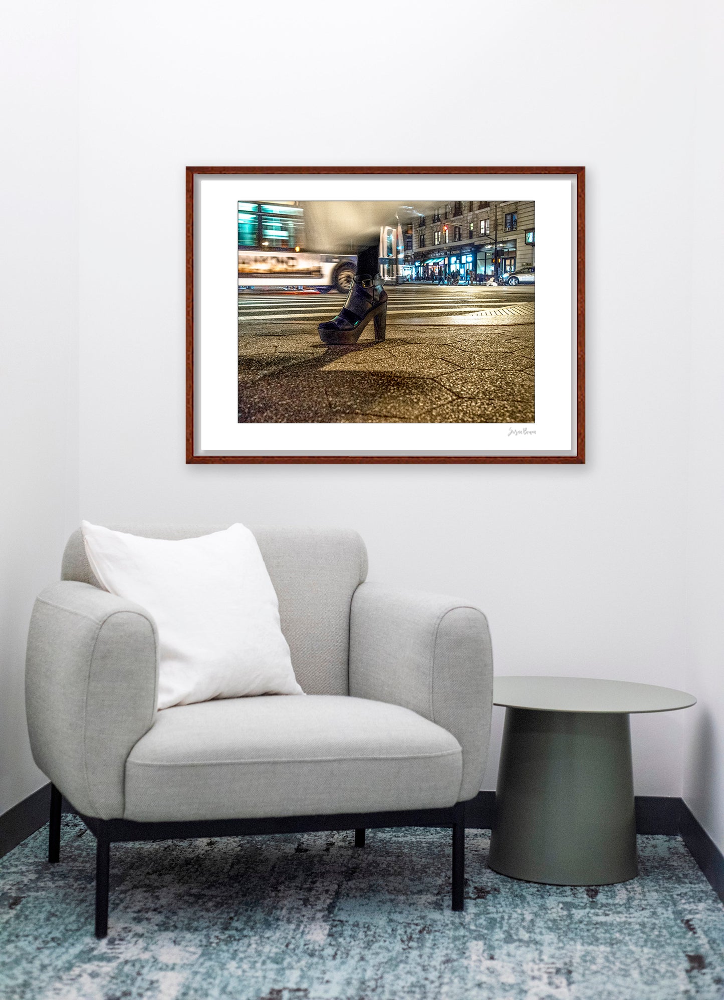Photography of single foot with high heel and clothing in motion at night in New York City with low perspective