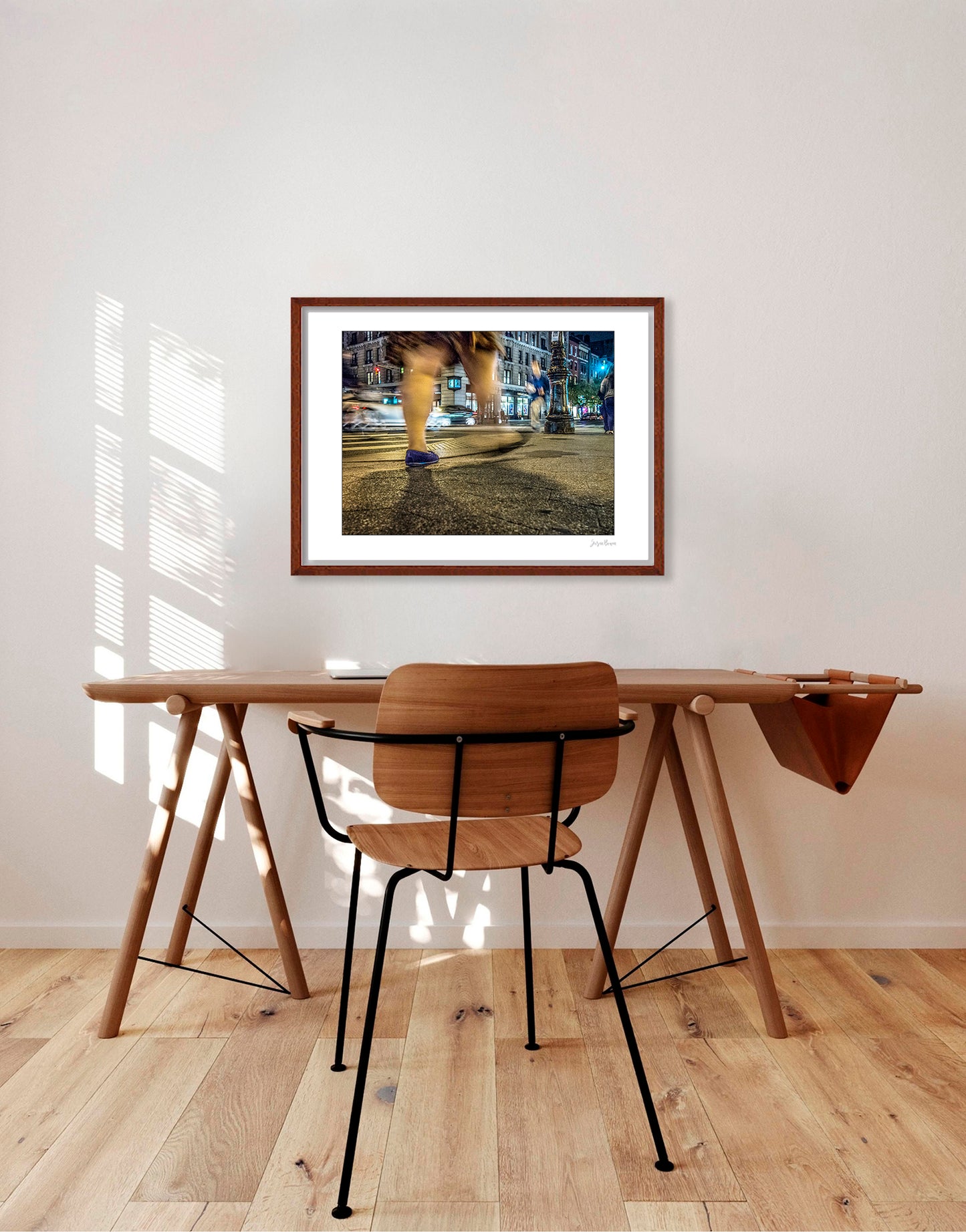 Photography of blurry swinging clothing and legs in New York City with low perspective