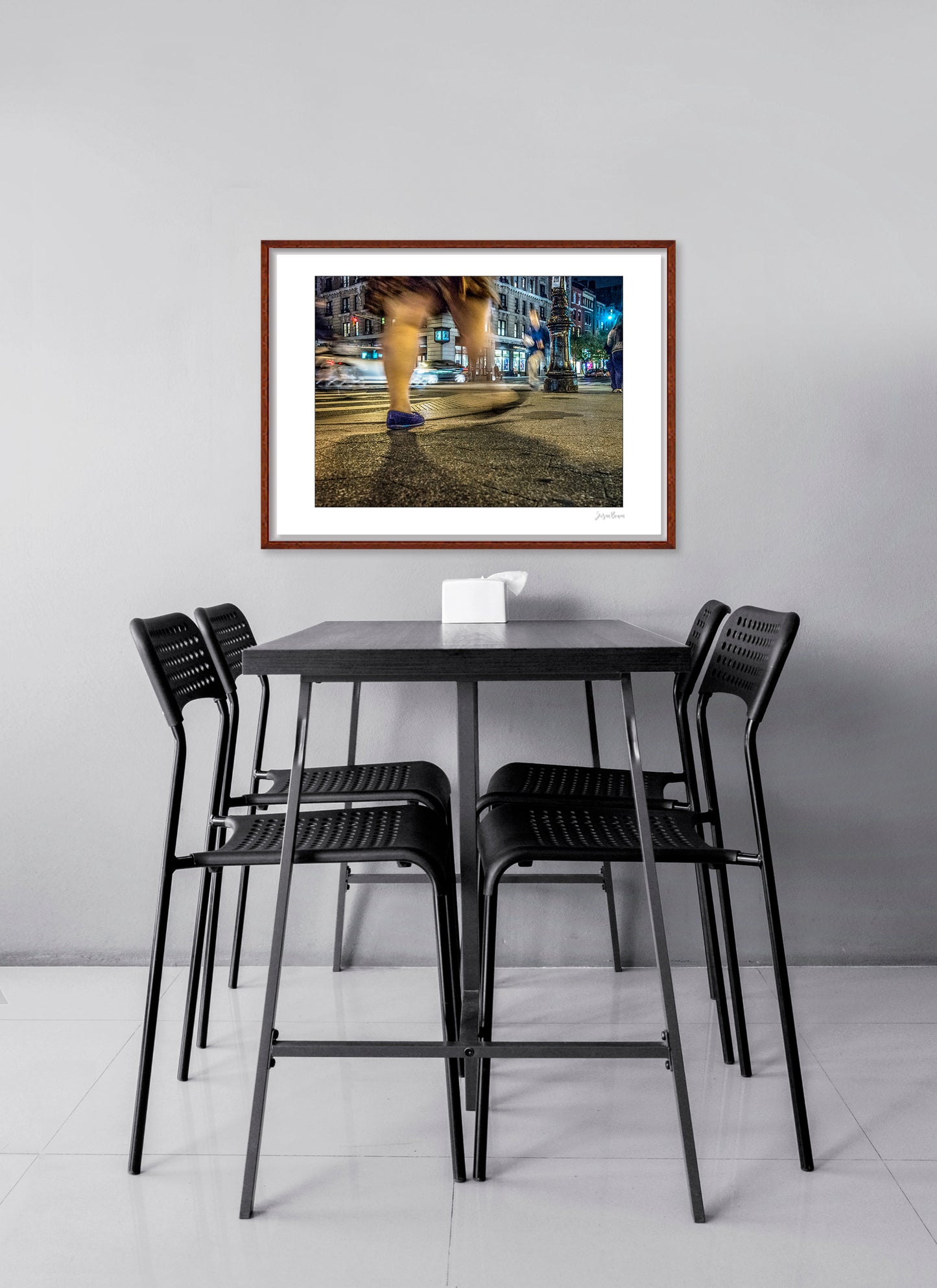 Photography of blurry swinging clothing and legs in New York City with low perspective