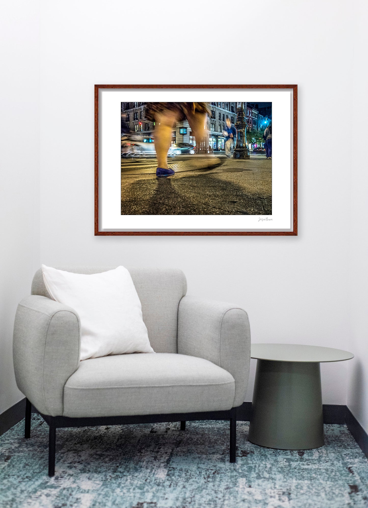 Photography of blurry swinging clothing and legs in New York City with low perspective