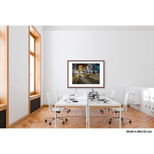 Heavy Legs in Motion artwork by Susan Bowen, shown as 35x48 framed print. Features long-exposure night photograph of bare legs in heavy motion blur at a lit Upper West Side intersection.