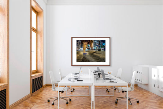 Photography of blurry swinging clothing and legs in New York City with low perspective