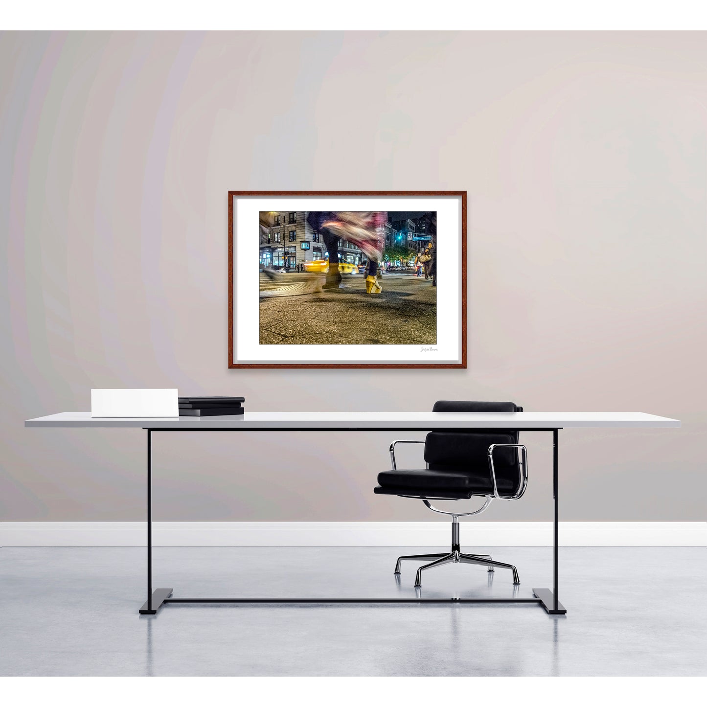 Photography of blurry swinging clothing and 2 mis-matched legs in New York City with low perspective