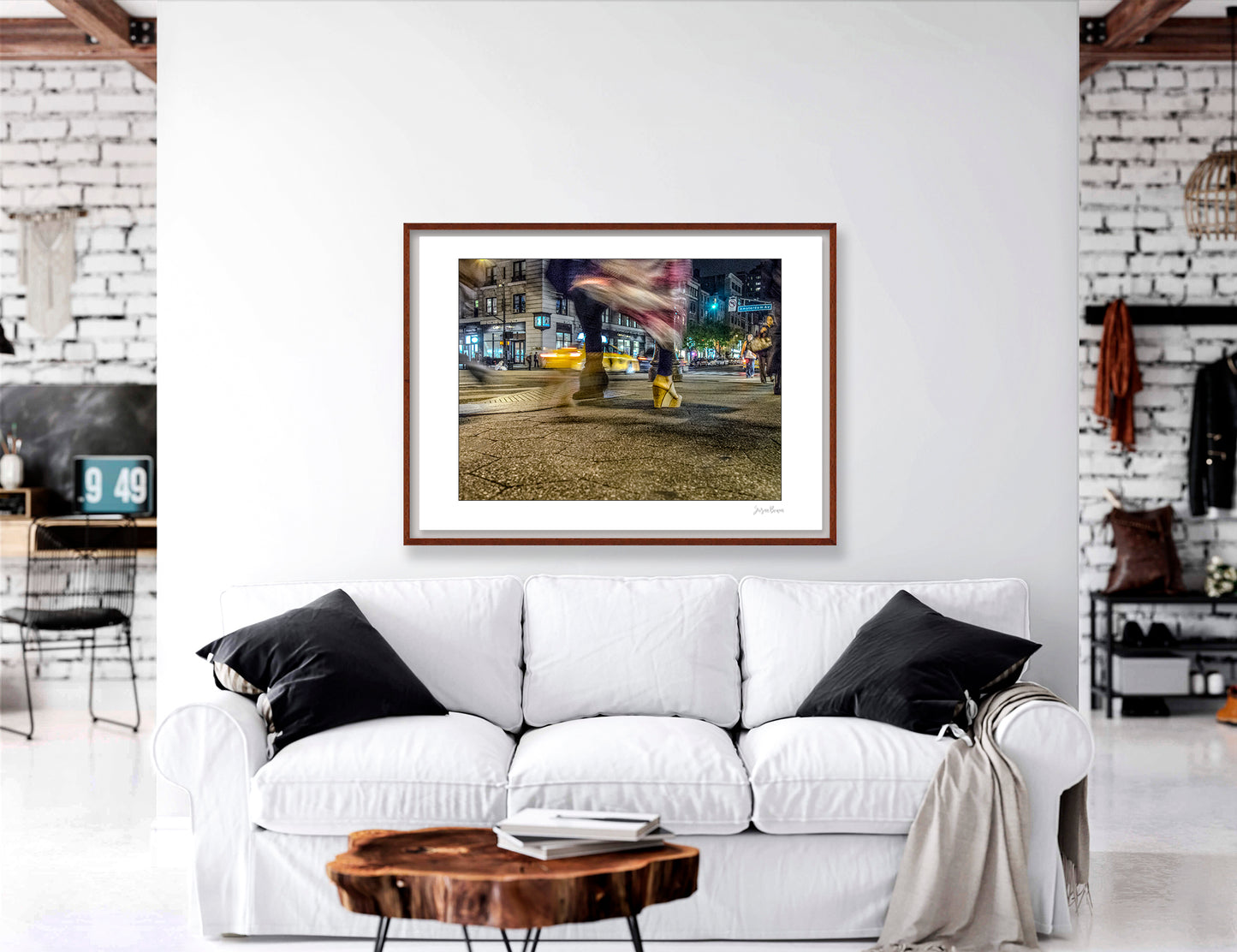 Photography of blurry swinging clothing and 2 mis-matched legs in New York City with low perspective