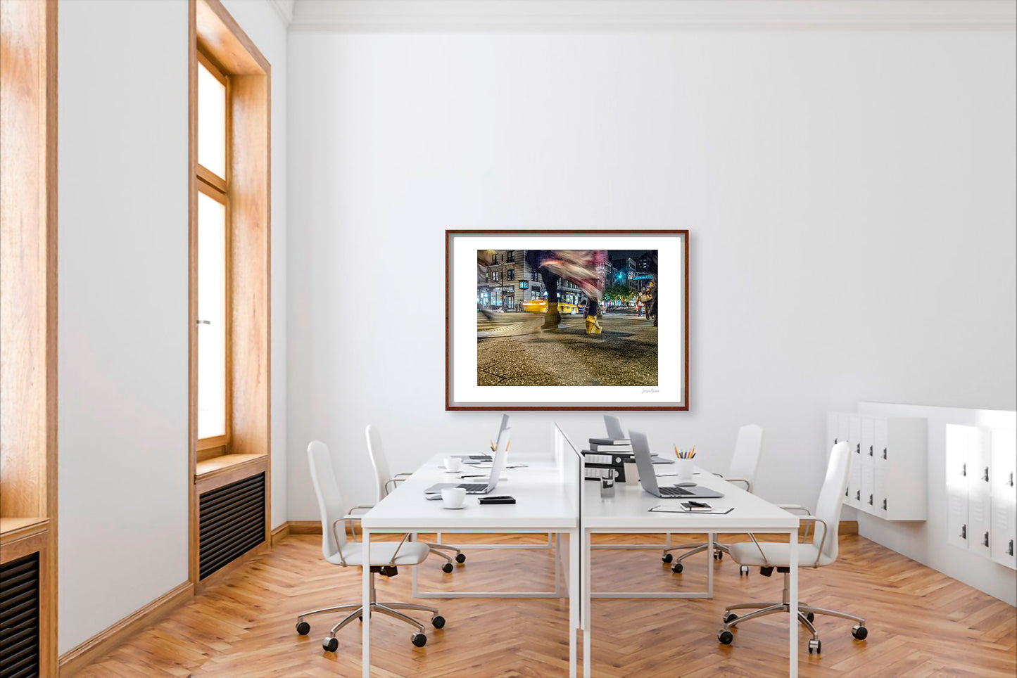 Photography of blurry swinging clothing and 2 mis-matched legs in New York City with low perspective