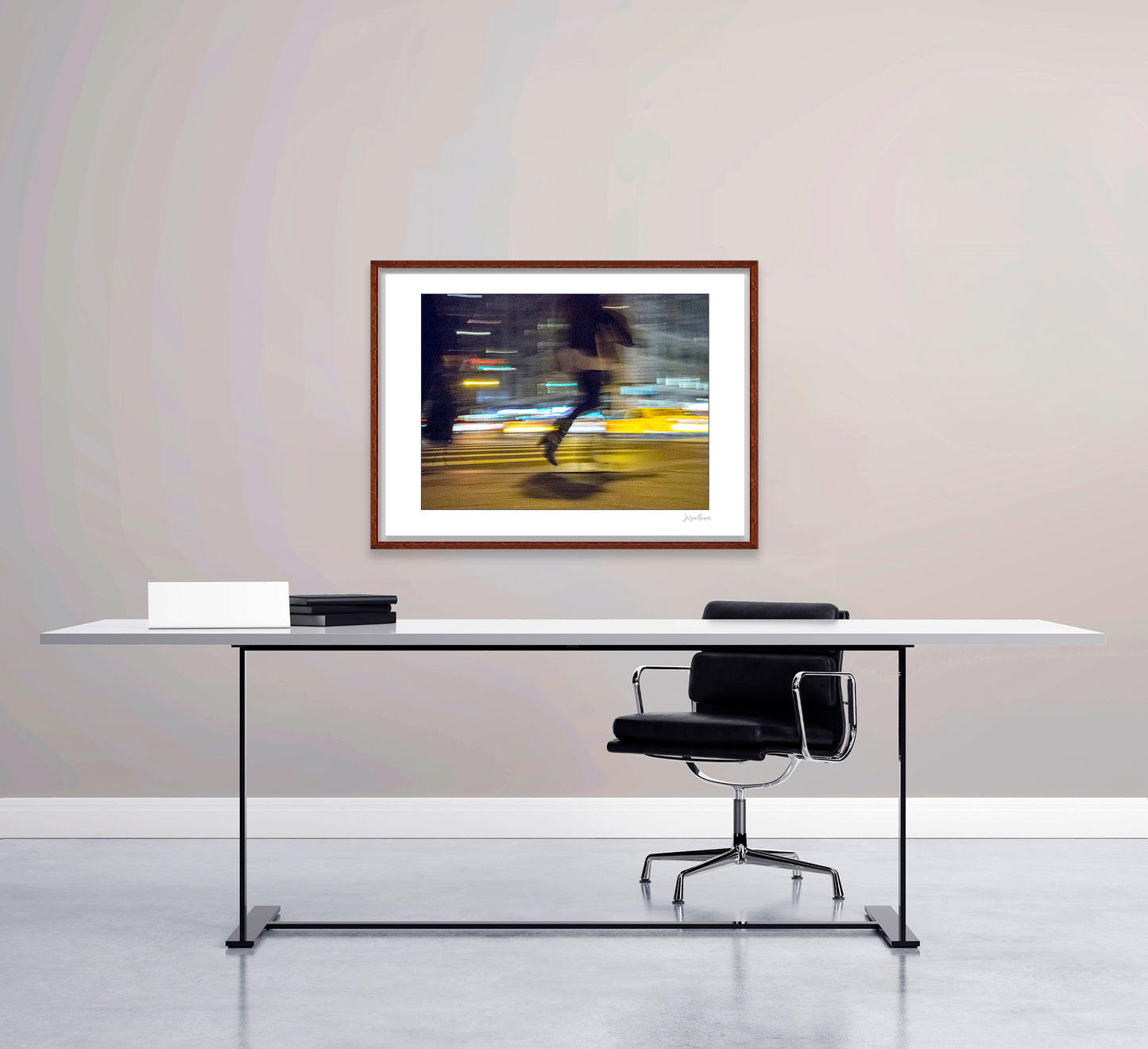 Photograph of person walking using panning technique lots of movement and color in New York City with low perspective