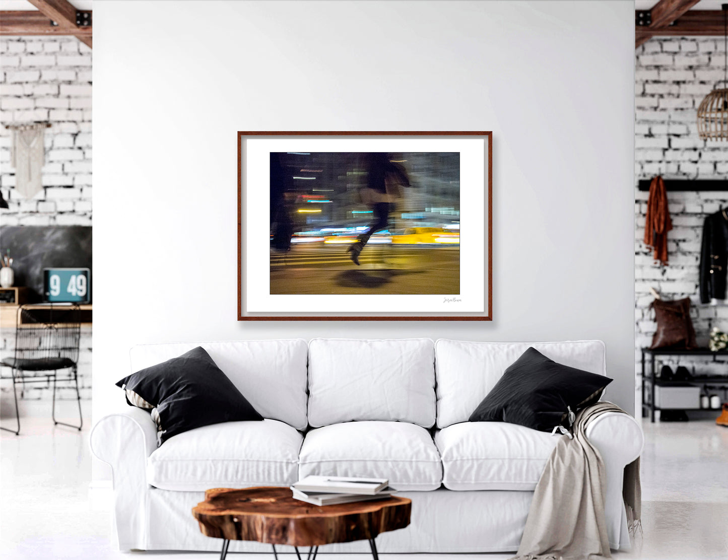 Photograph of person walking using panning technique lots of movement and color in New York City with low perspective