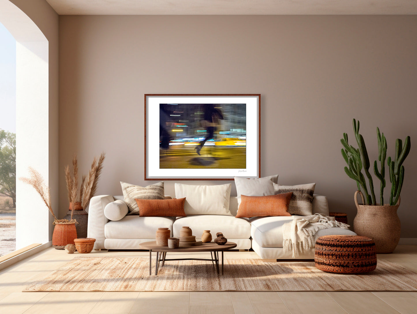 Photograph of person walking using panning technique lots of movement and color in New York City with low perspective