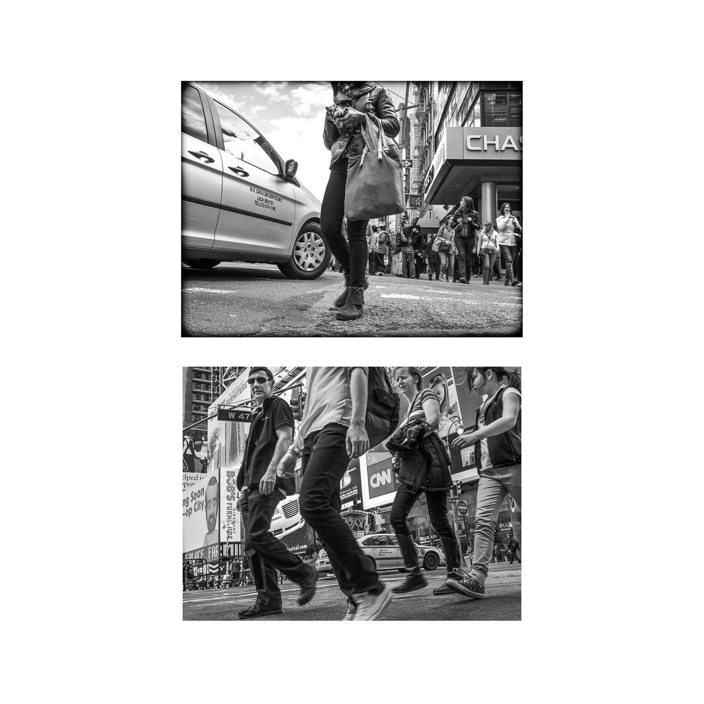 Book of black & White photographs of people walking in New York City with low perspective