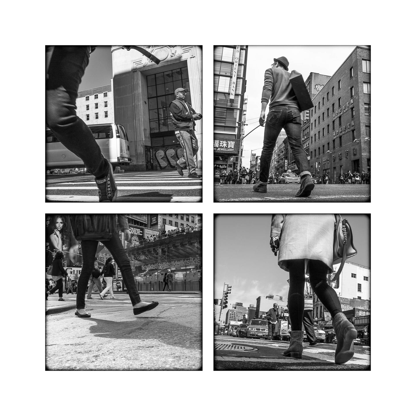 Book of black & White photographs of people walking in New York City with low perspective