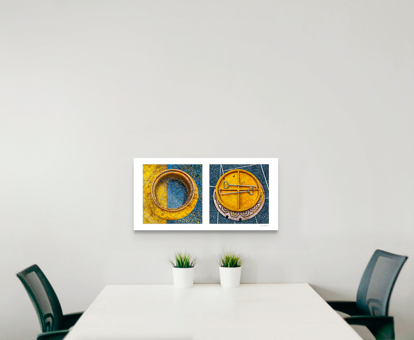 Diptych photograph of found objects round in shape (manhole covers)