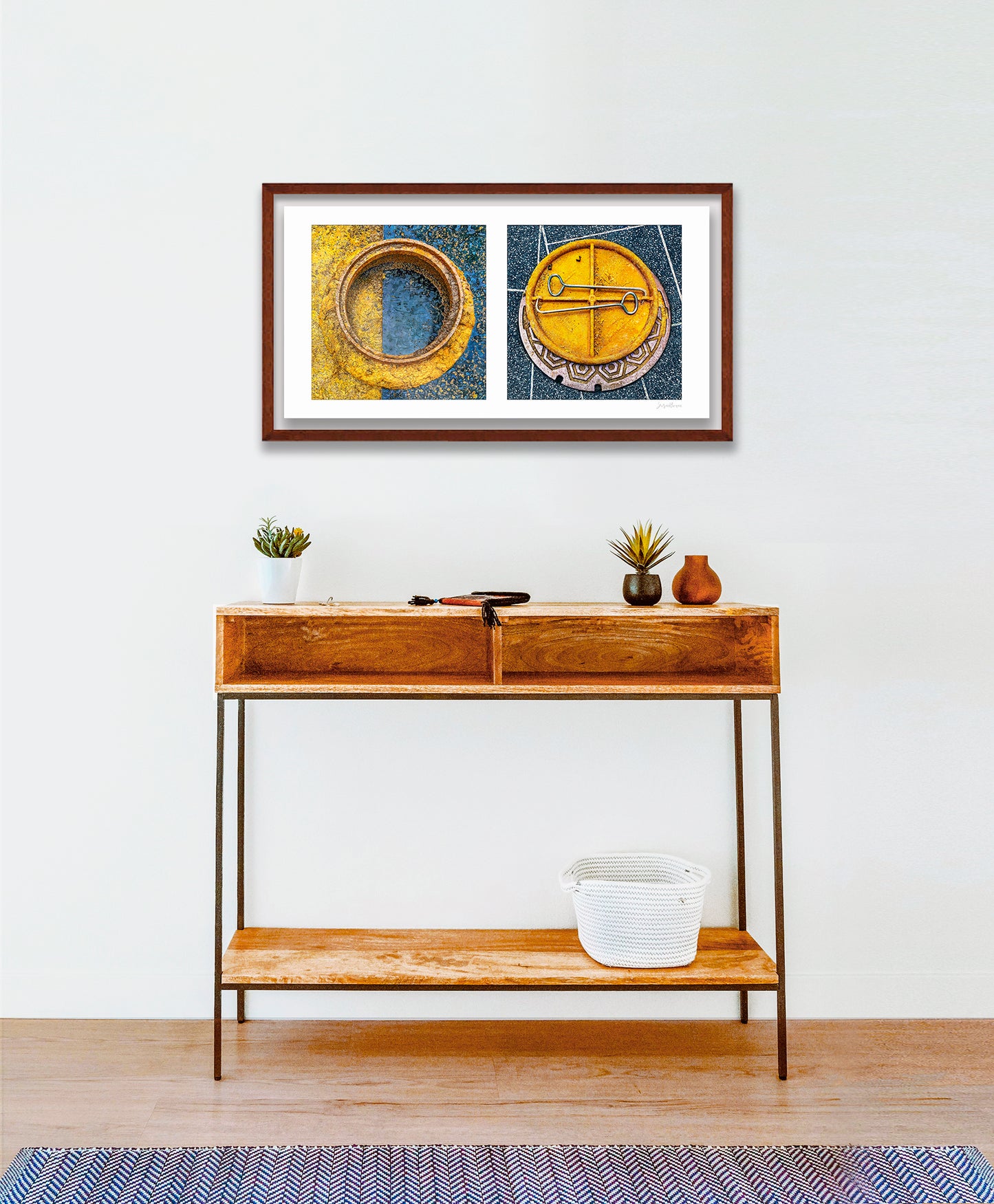 Diptych photograph of found objects round in shape (manhole covers)