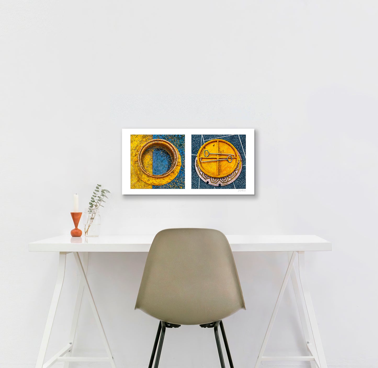 Diptych photograph of found objects round in shape (manhole covers)
