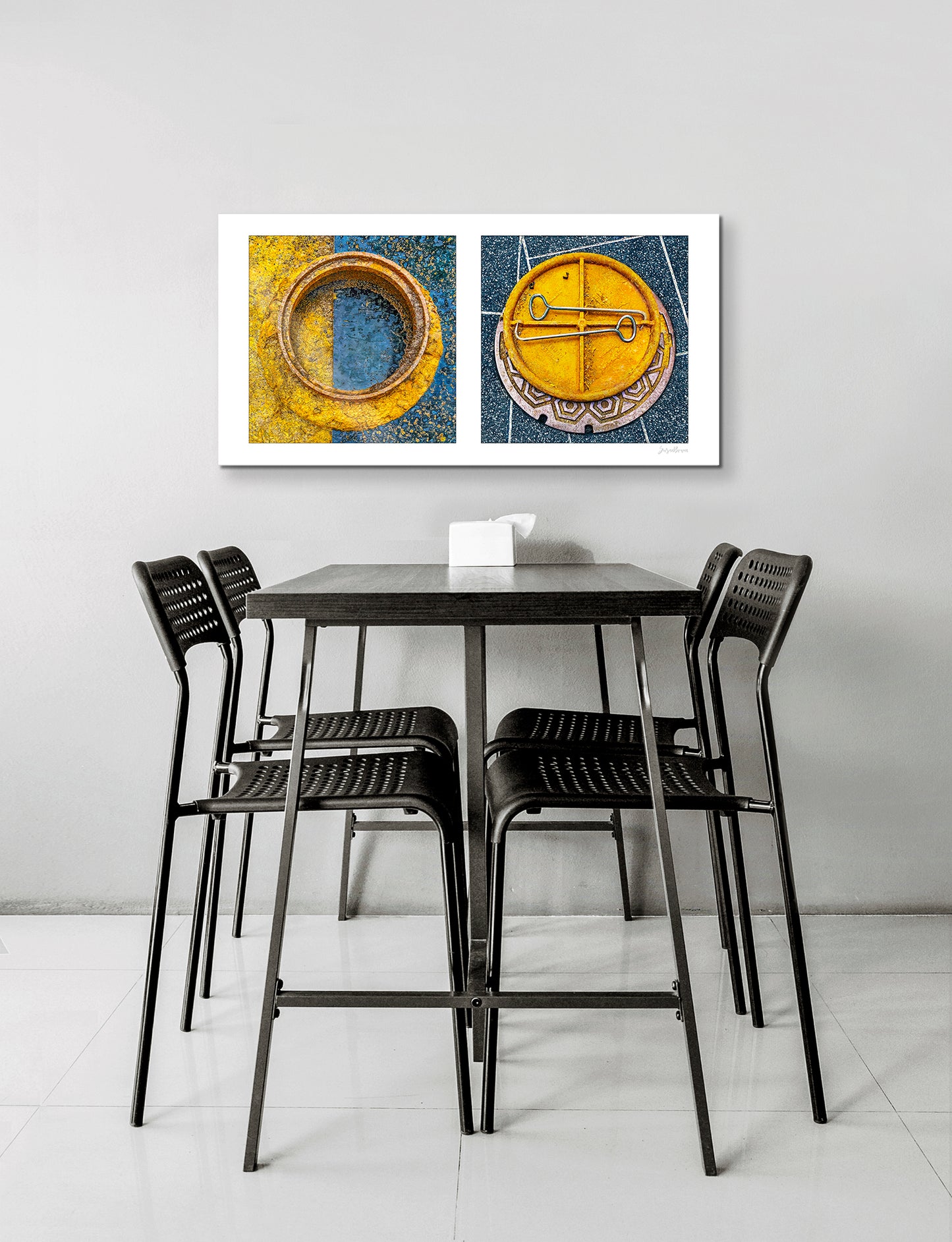 Diptych photograph of found objects round in shape (manhole covers)
