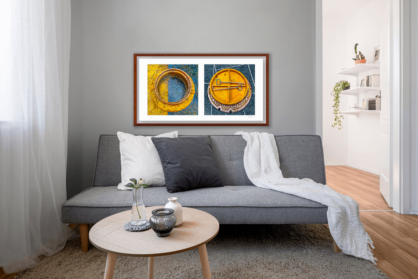 Diptych photograph of found objects round in shape (manhole covers)