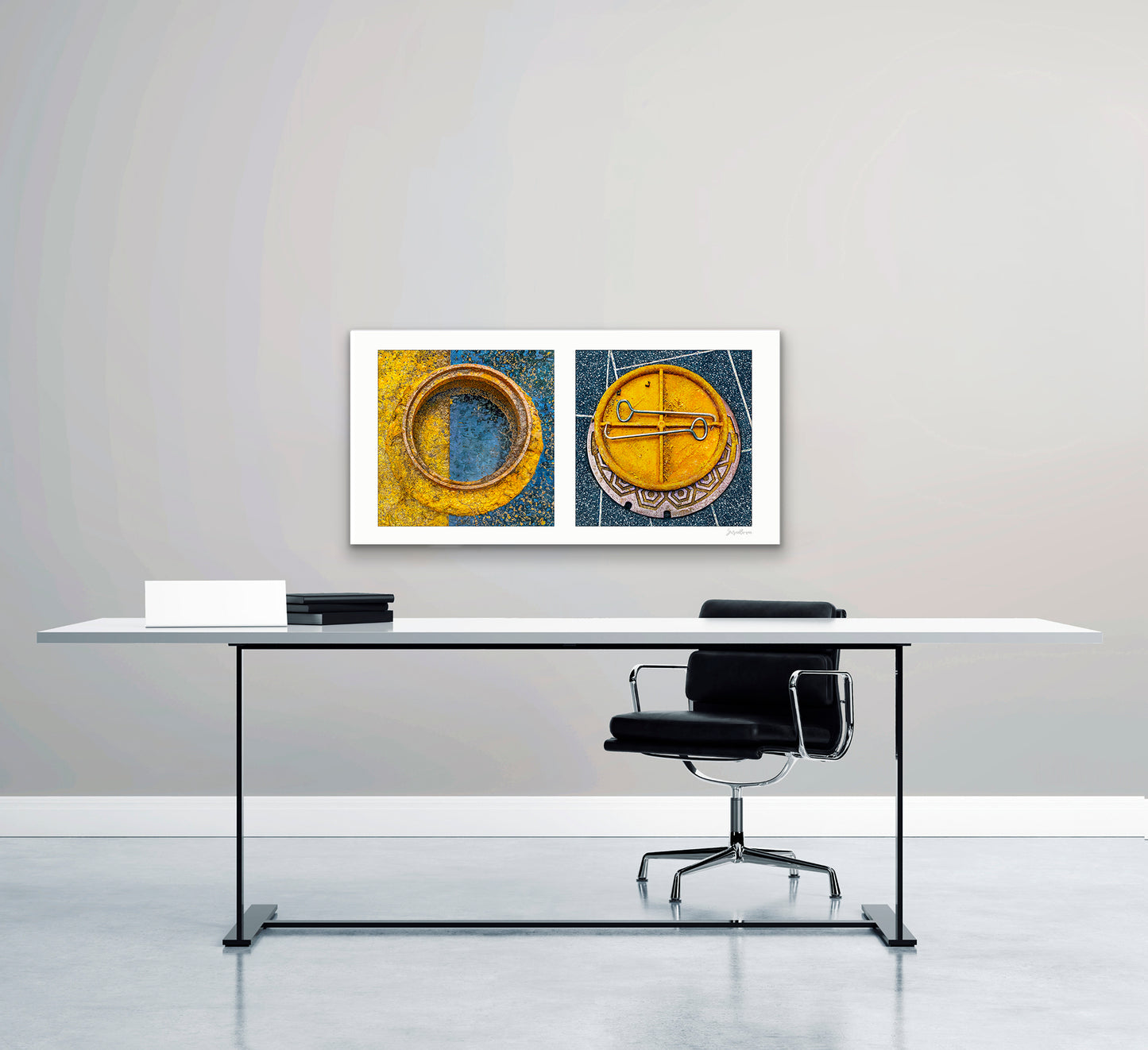 Diptych photograph of found objects round in shape (manhole covers)