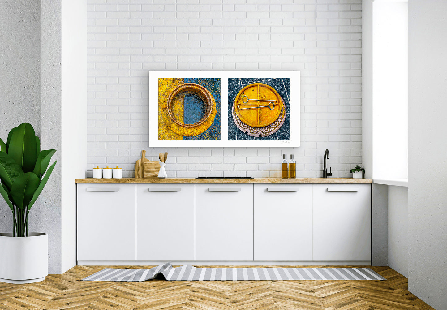 Diptych photograph of found objects round in shape (manhole covers)