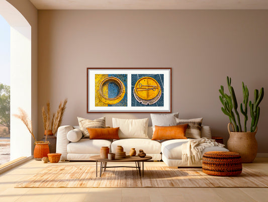 Diptych photograph of found objects round in shape (manhole covers)