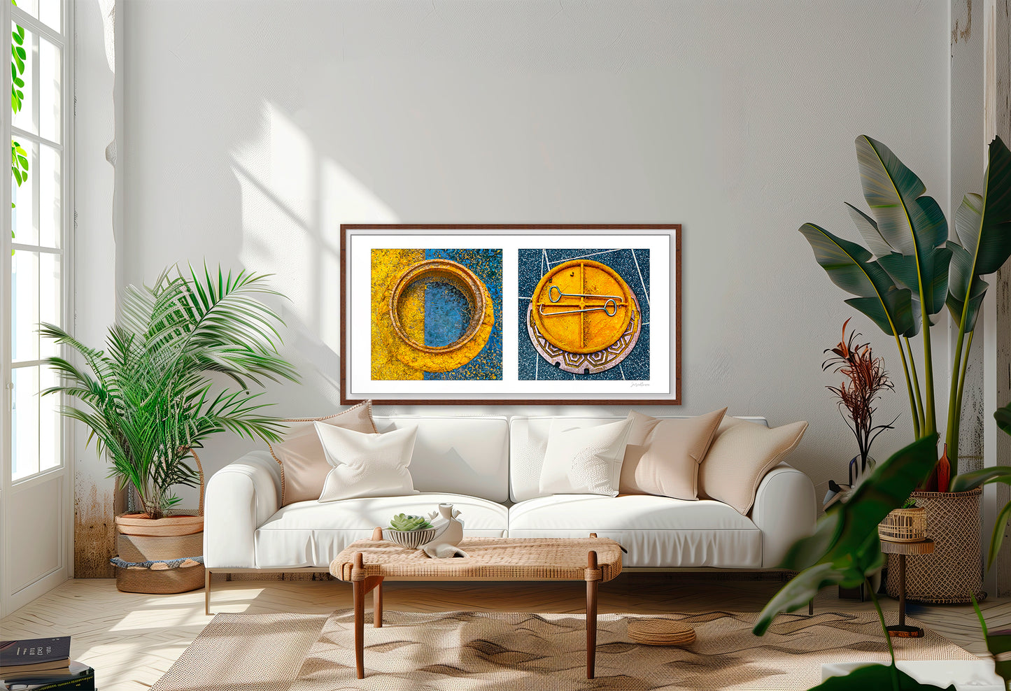 Diptych photograph of found objects round in shape (manhole covers)