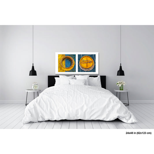 Manhole Covers, Orange and Blue artwork by Susan Bowen, shown as 24x48 print. Features rusted manhole frames in orange and blue — industrial circular forms paired as bold, geometric abstract street photography.