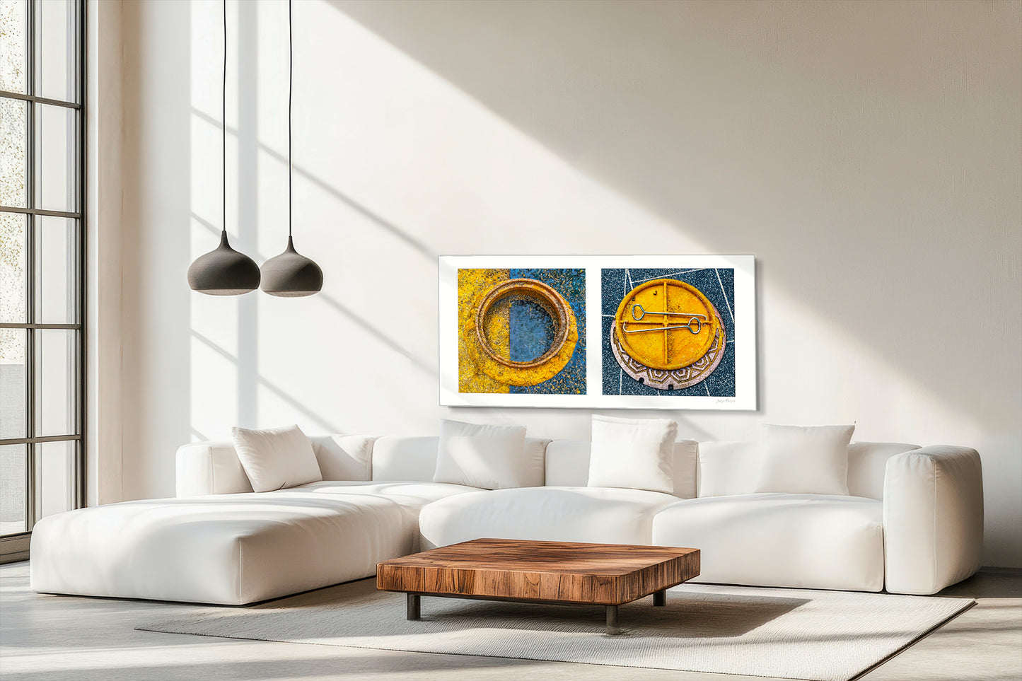 Diptych photograph of found objects round in shape (manhole covers)