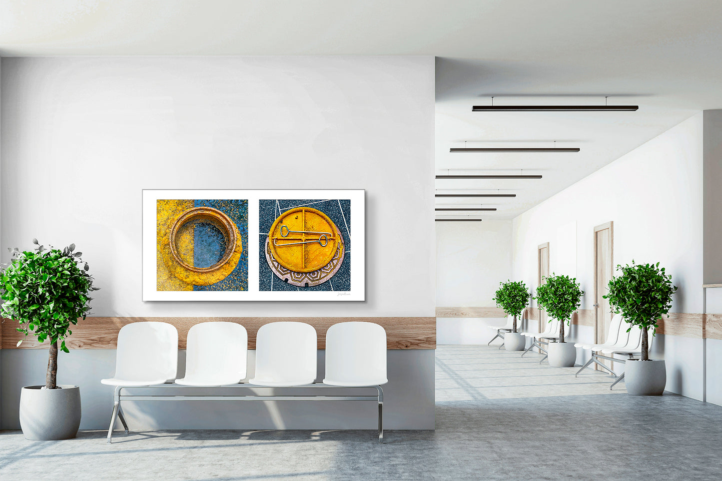 Diptych photograph of found objects round in shape (manhole covers)