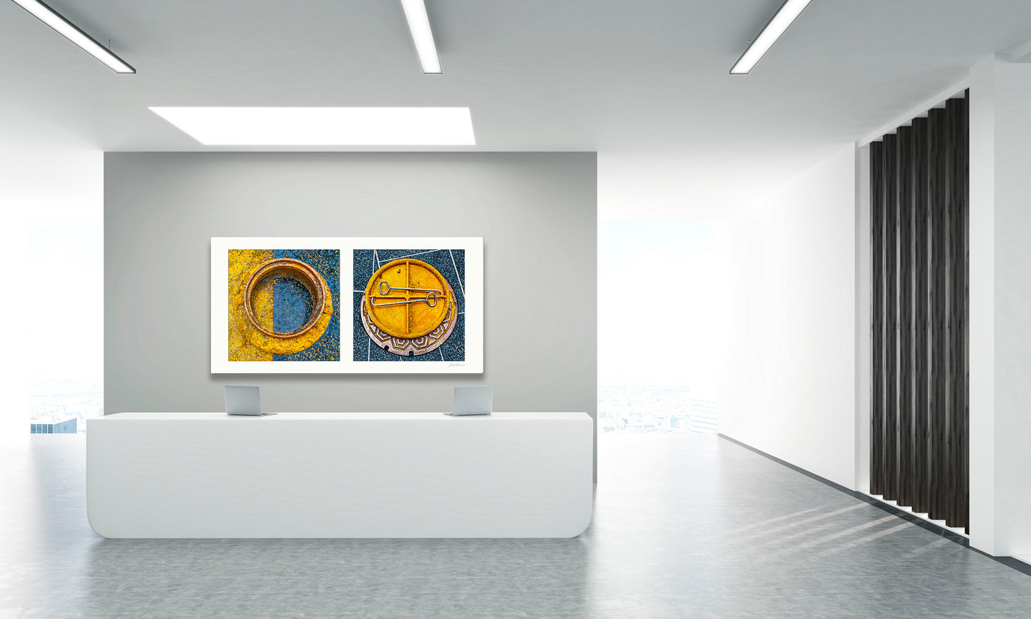 Diptych photograph of found objects round in shape (manhole covers)