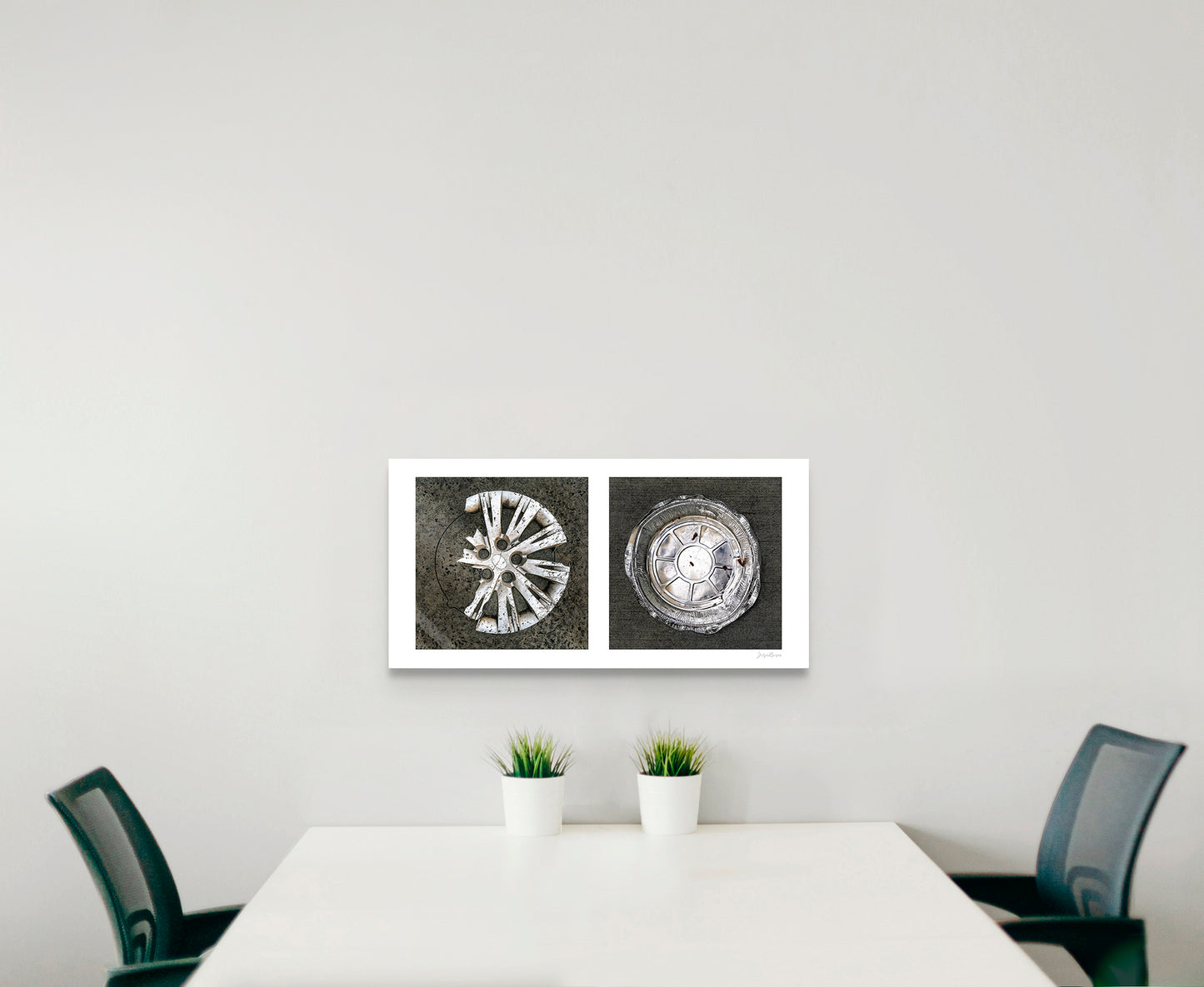 Diptych photograph of found objects round in shape (hubcap and pie pan)
