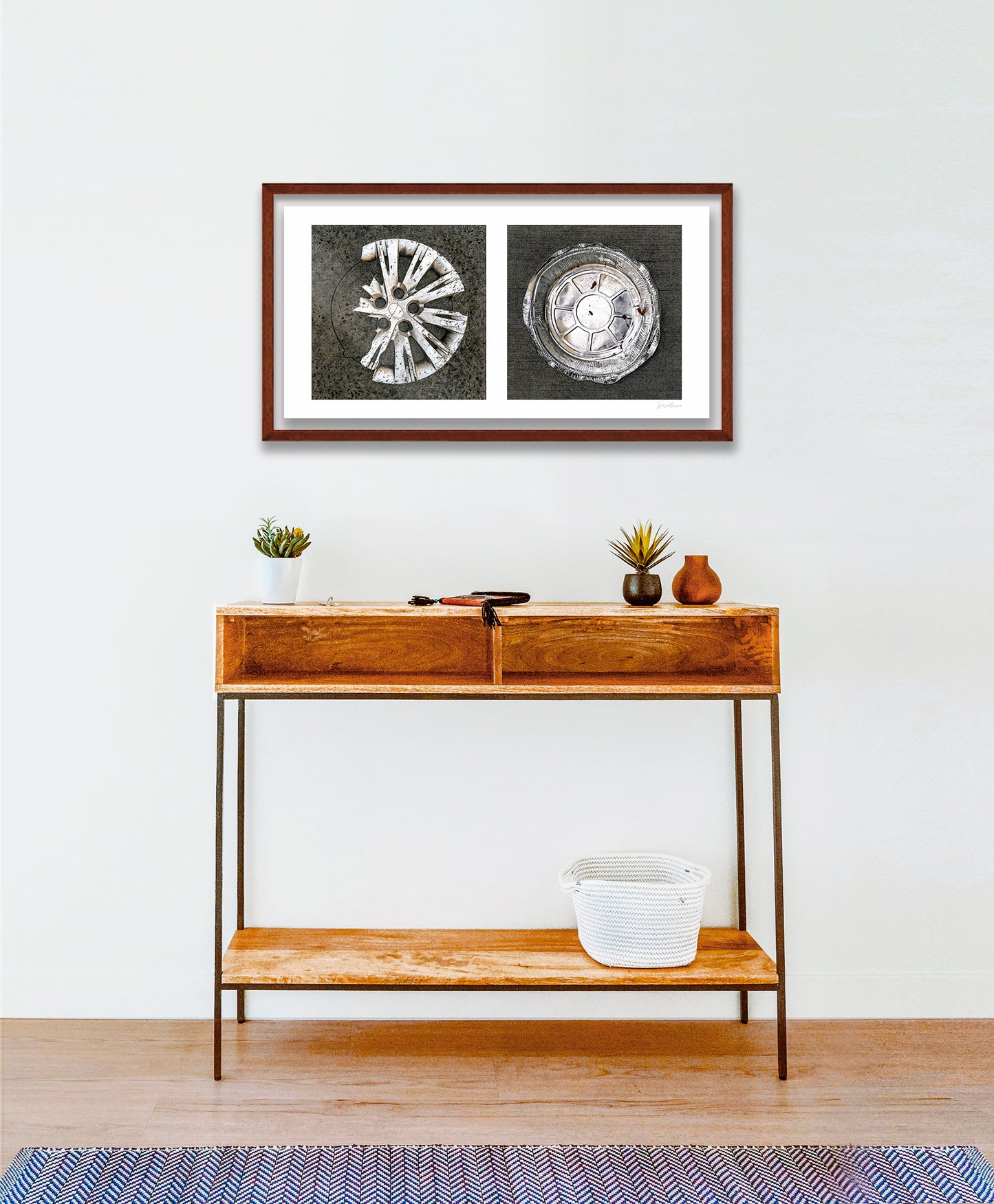 Diptych photograph of found objects round in shape (hubcap and pie pan)