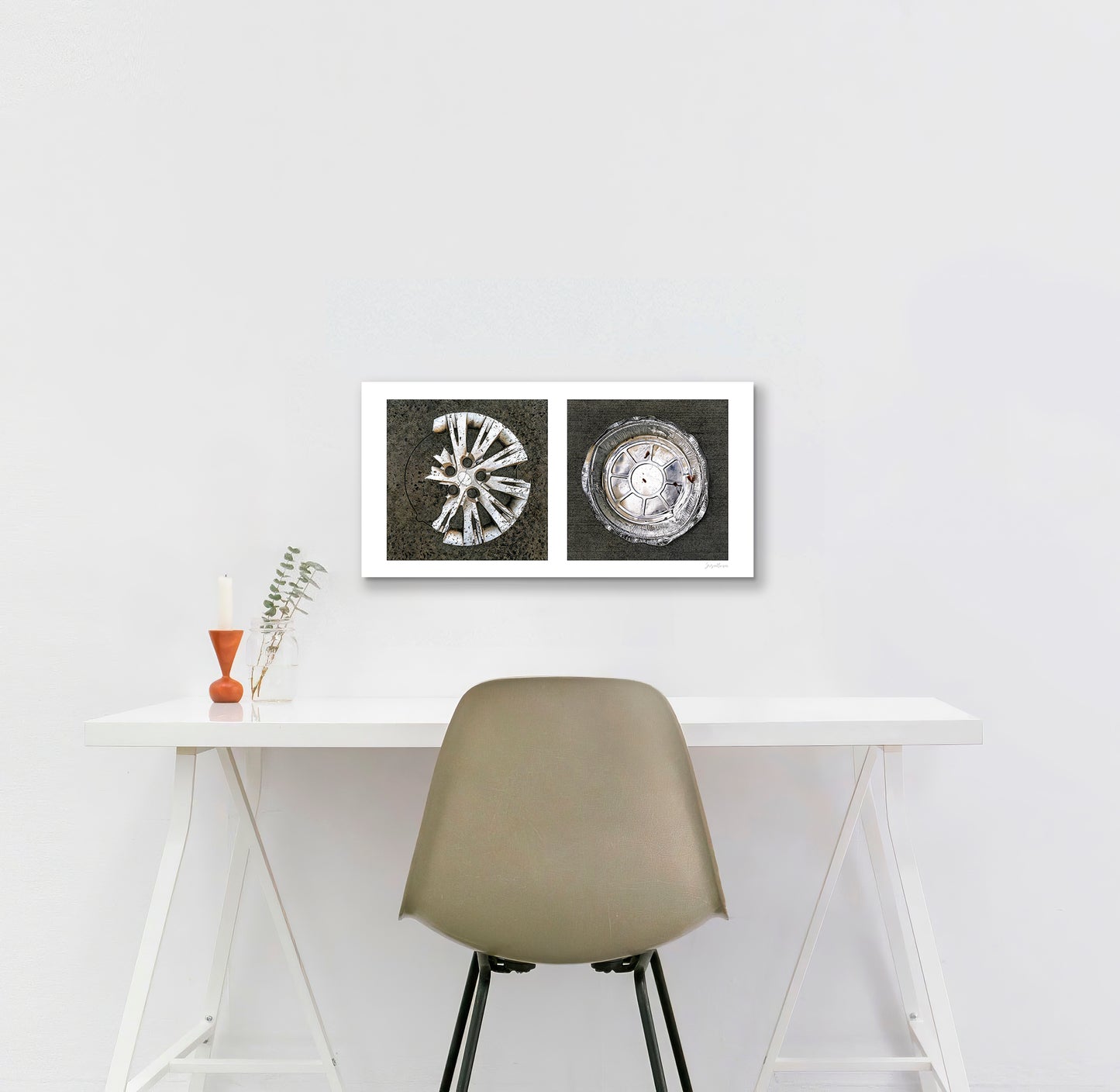 Diptych photograph of found objects round in shape (hubcap and pie pan)