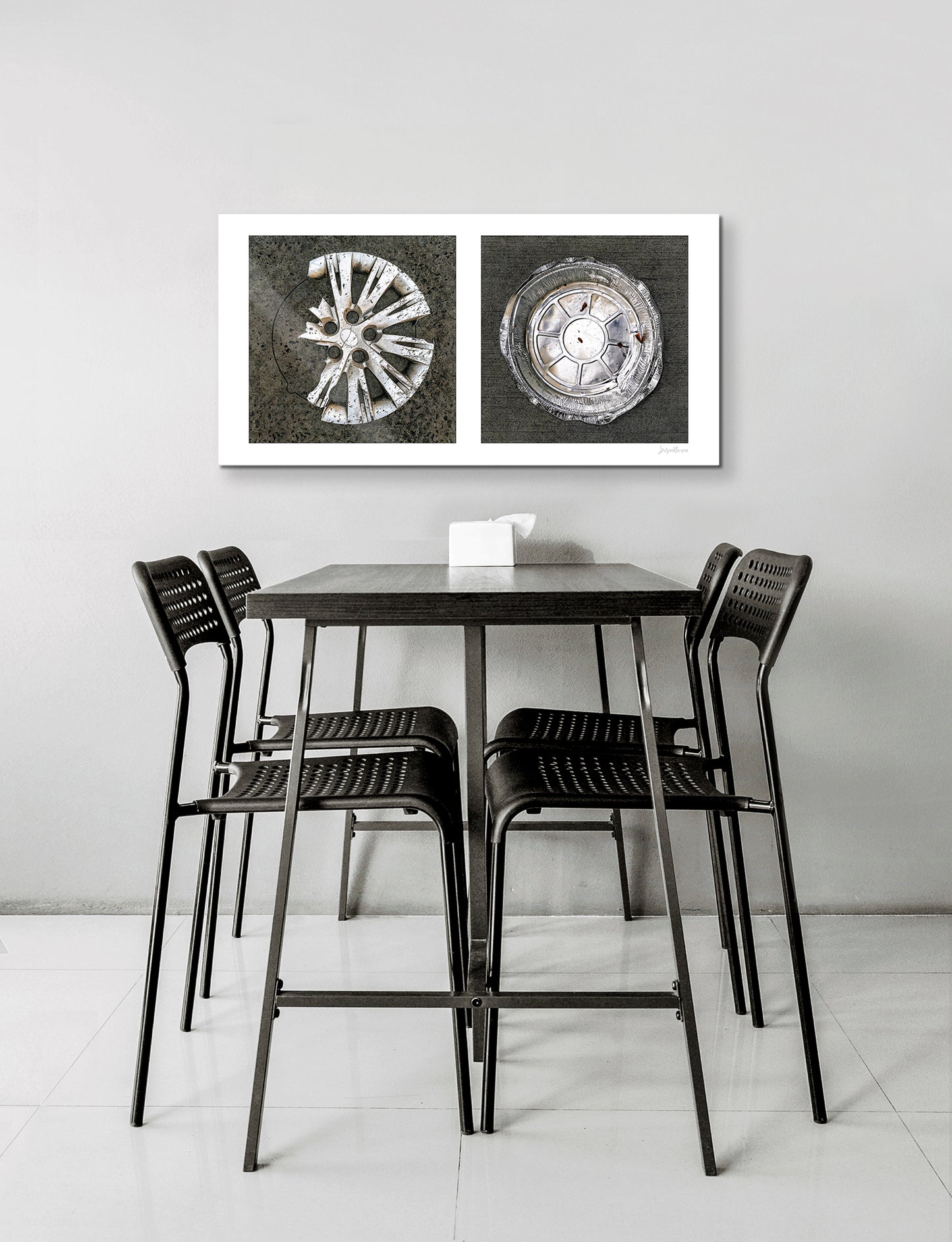 Diptych photograph of found objects round in shape (hubcap and pie pan)