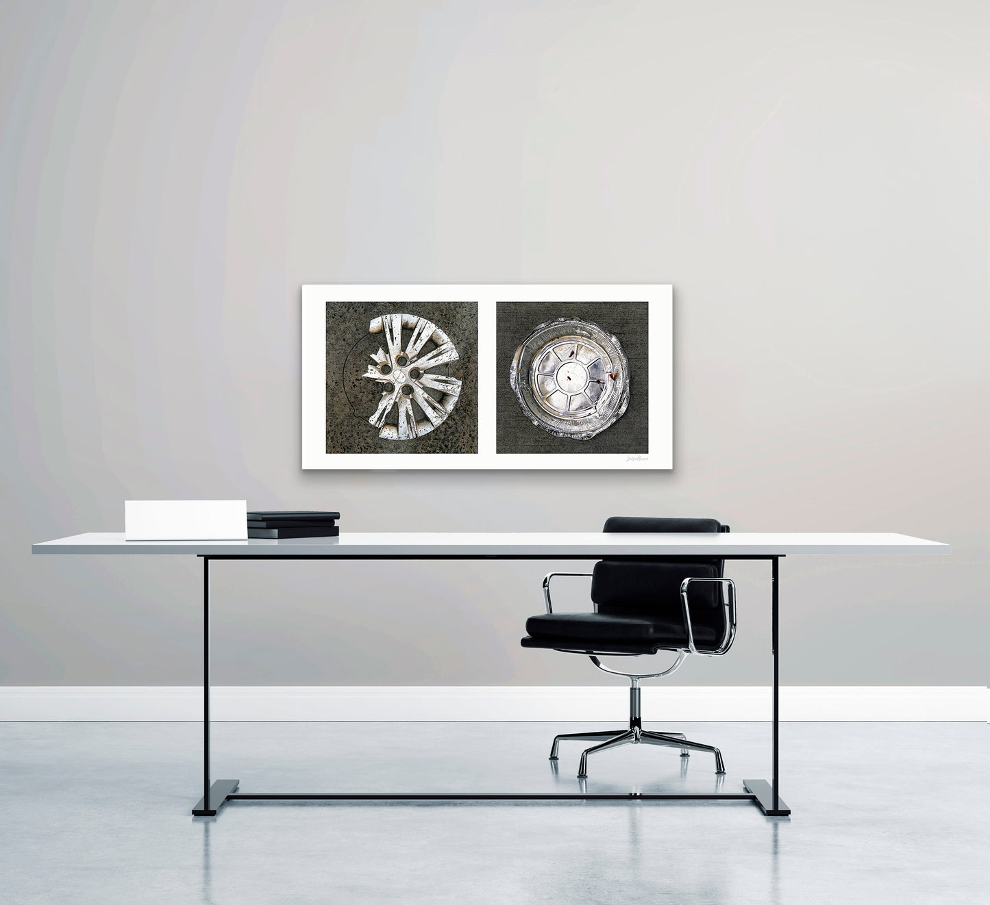 Diptych photograph of found objects round in shape (hubcap and pie pan)