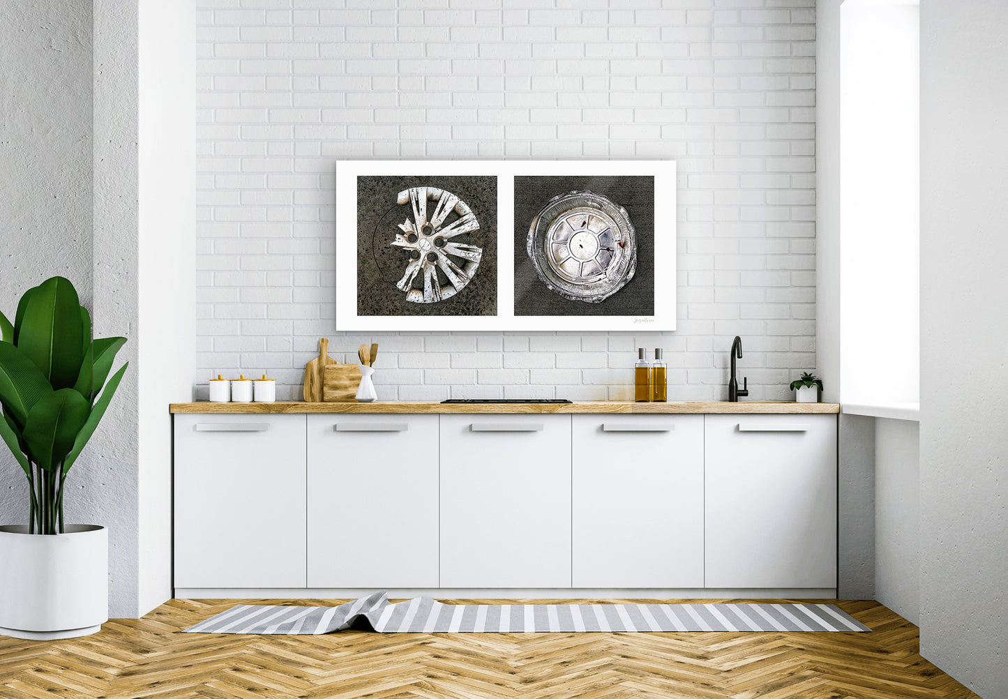 Diptych photograph of found objects round in shape (hubcap and pie pan)