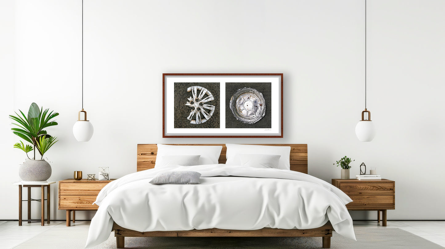 Diptych photograph of found objects round in shape (hubcap and pie pan)