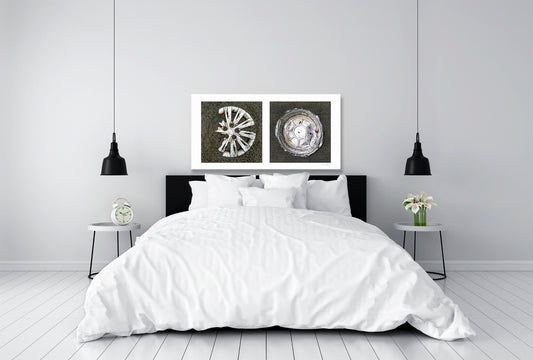 Diptych photograph of found objects round in shape (hubcap and pie pan)