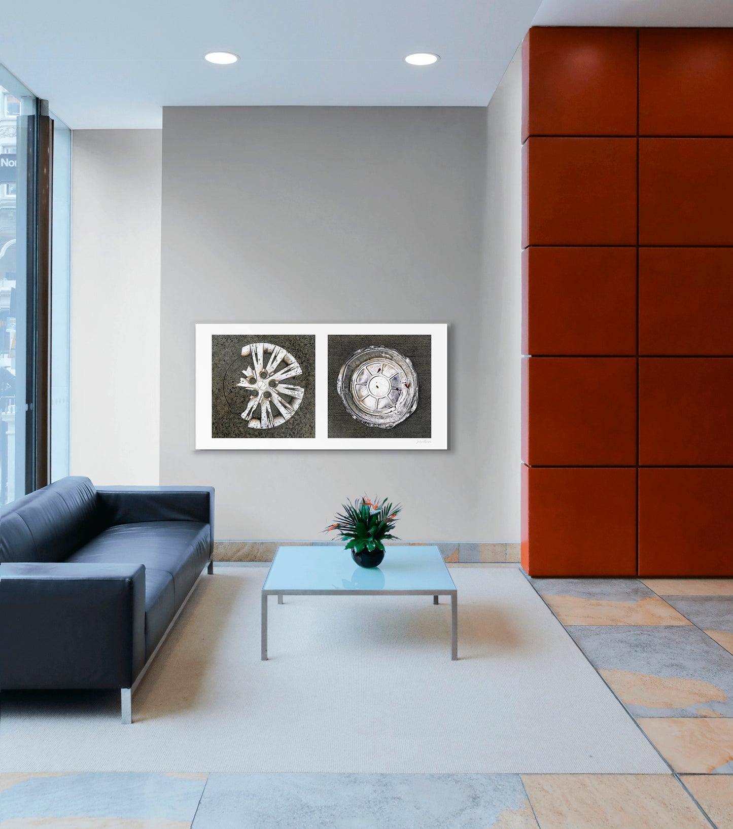 Diptych photograph of found objects round in shape (hubcap and pie pan)