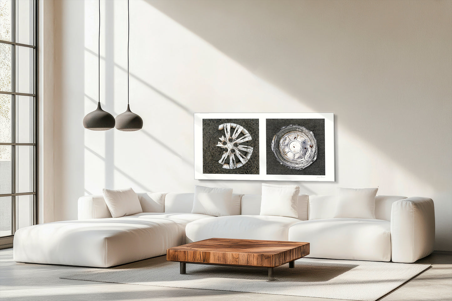 Diptych photograph of found objects round in shape (hubcap and pie pan)