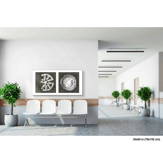 Hubcap and Pie Pan Abstract artwork by Susan Bowen, shown as 30x60 print. Features a cracked hubcap and a bent aluminum pie pan — discarded circular objects photographed as sculptural silver-toned street art.