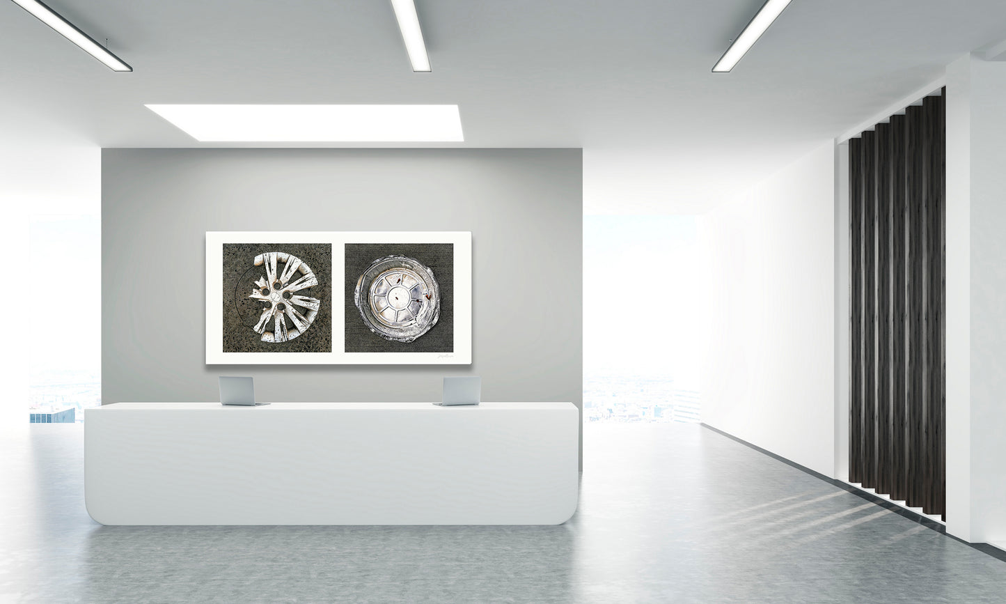 Diptych photograph of found objects round in shape (hubcap and pie pan)