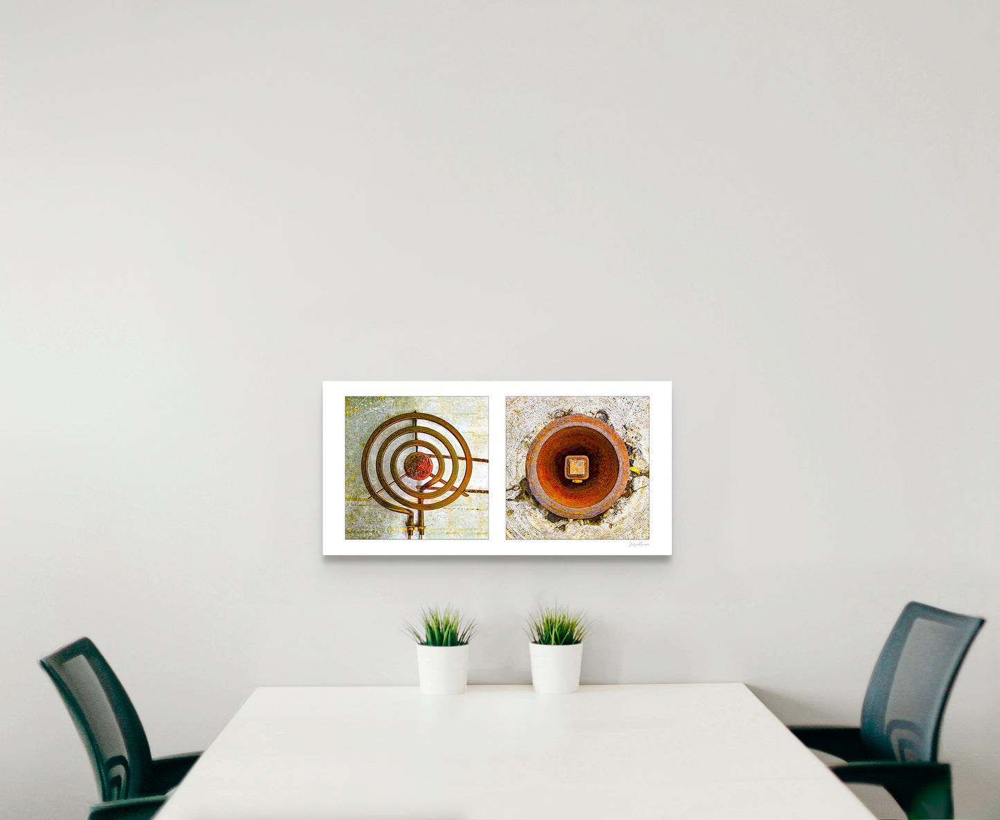 Diptych photograph of found objects round in shape (stove coil and rusty hole)