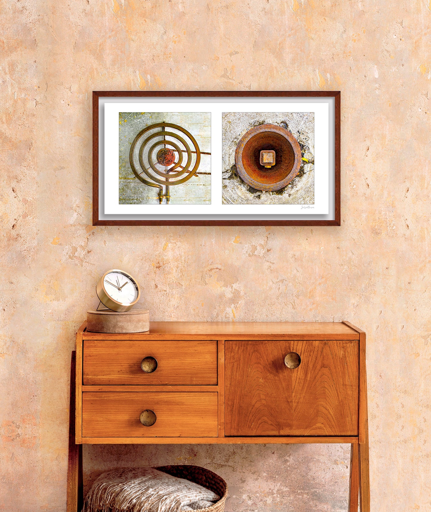 Diptych photograph of found objects round in shape (stove coil and rusty hole)