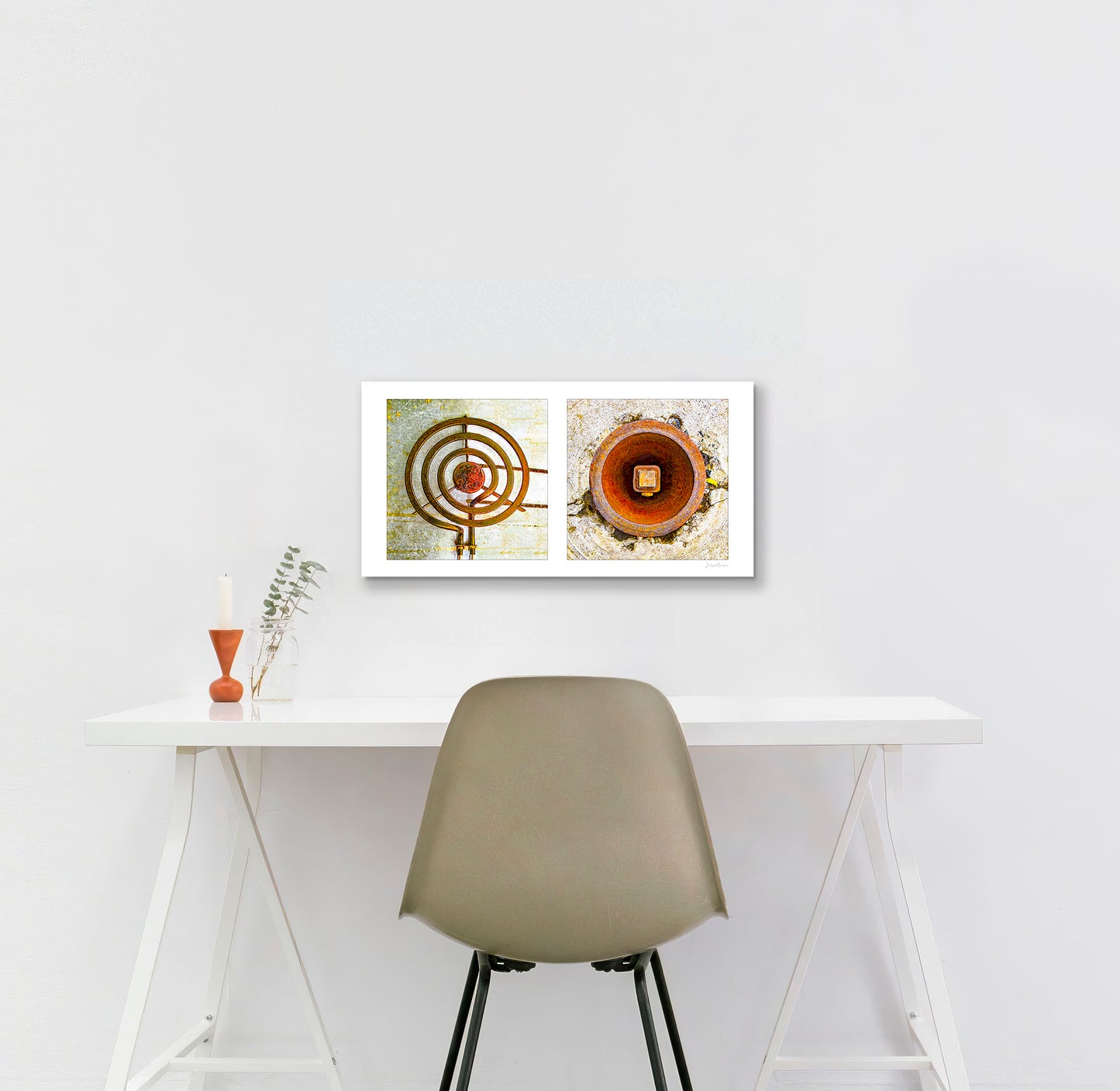 Diptych photograph of found objects round in shape (stove coil and rusty hole)
