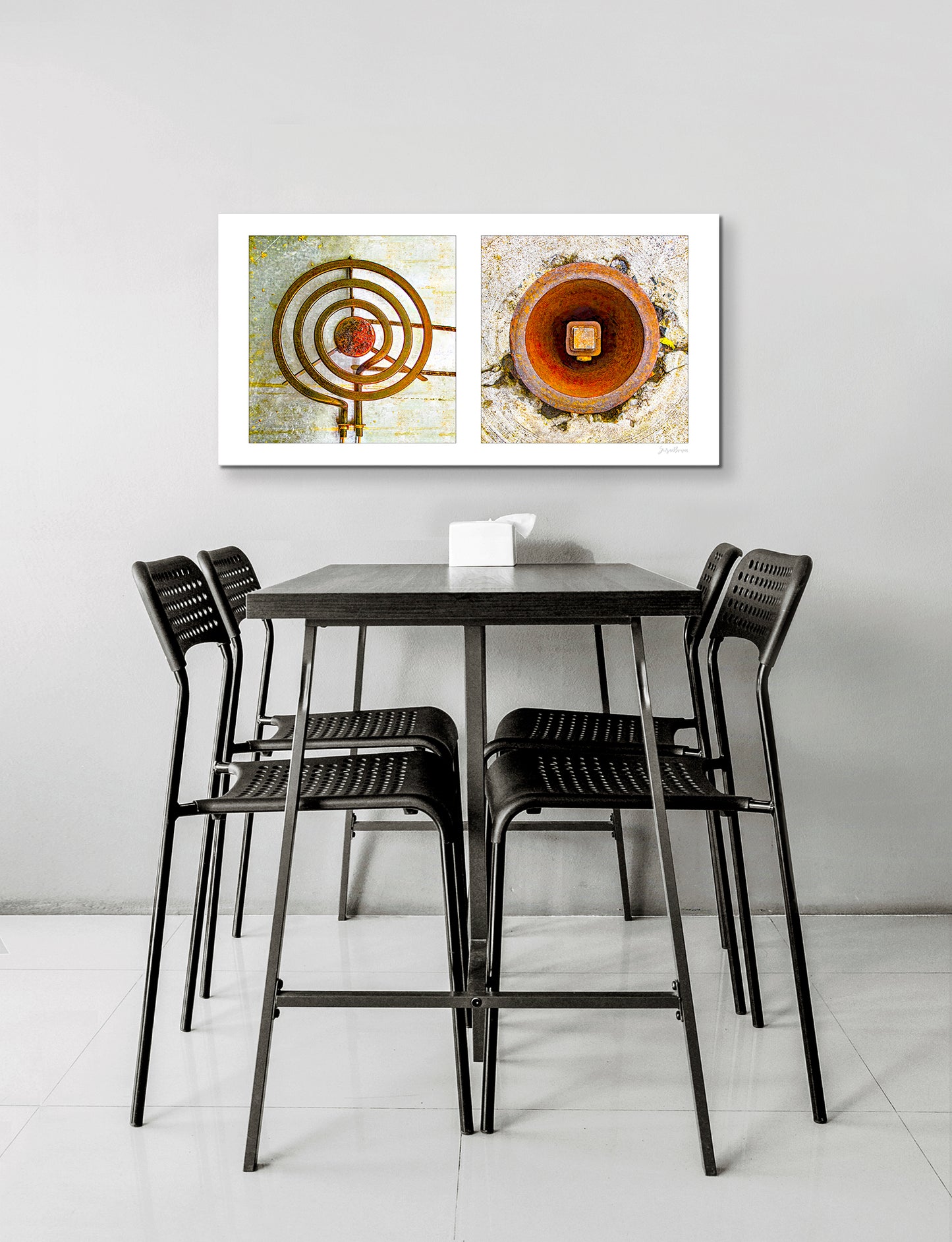 Diptych photograph of found objects round in shape (stove coil and rusty hole)